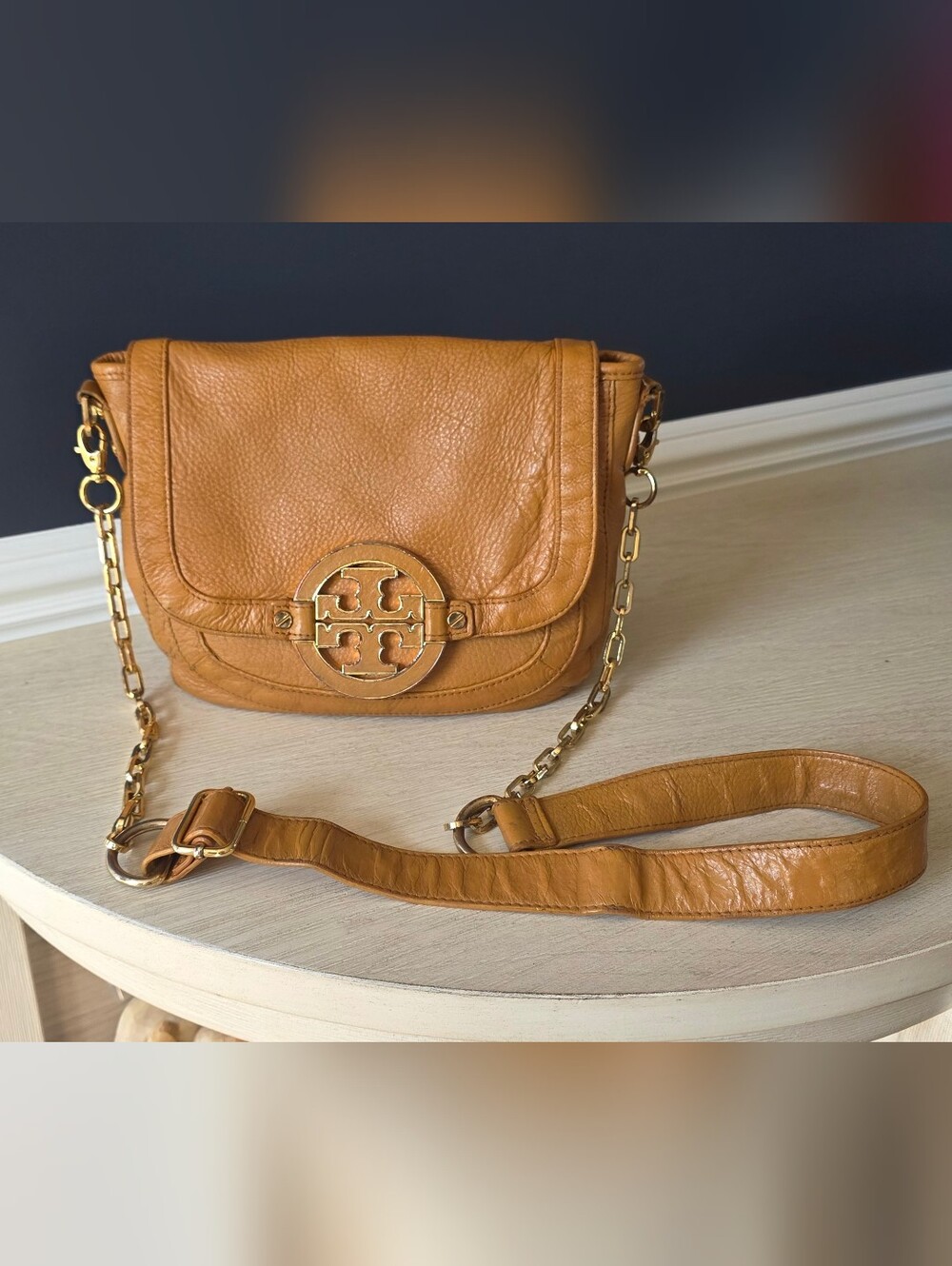 Tory Burch Cognac Leather Chain-Trim Crossbody Bag
